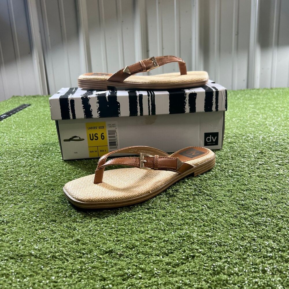 DV Dolce Vita Myrie Women's Size 6 Tan Thong Sandals Gold Buckle Low Heel w/ Box